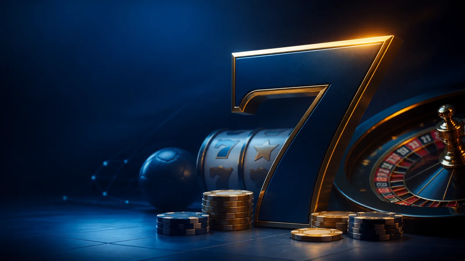 Ambiente editorial de cassino online com roleta, slots e tons azuis e dourados