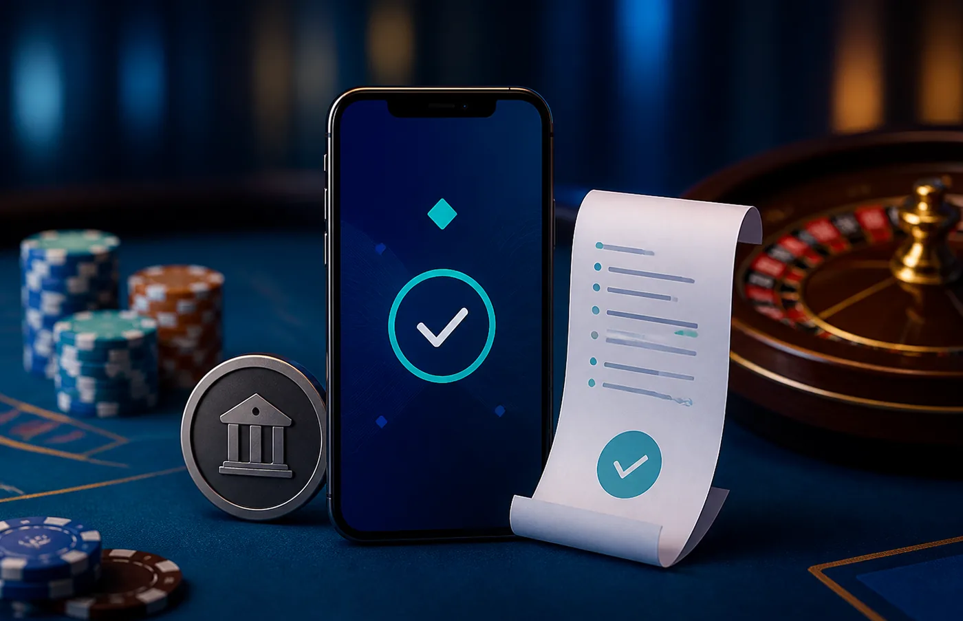 Composição editorial de pagamento digital com celular, recibo e fichas de cassino