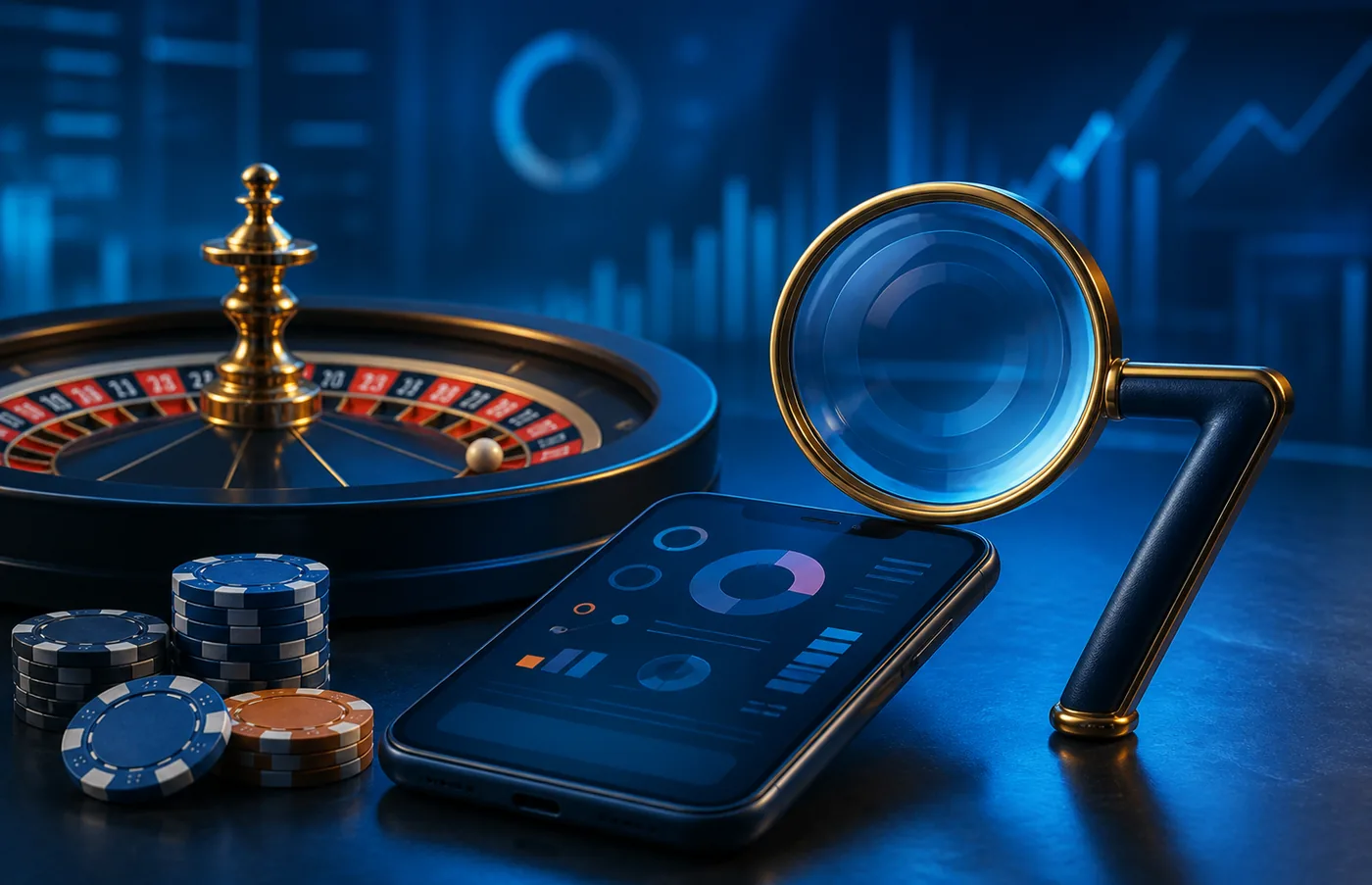 Verificação editorial de cassino digital com roleta, celular e lupa